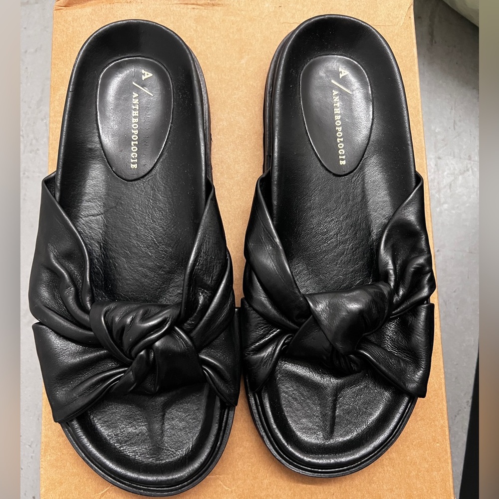 Anthropologie Black Leather Mules with Knot Detail